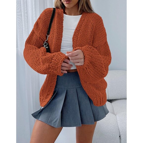 Womens Trendy Cardigan Sweaters Rust Red Long Sleeve Chunky Knit Outfits - Picture 7 of 8